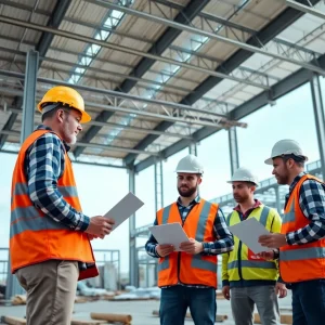 Team of construction workers collaborating on site in North Florida