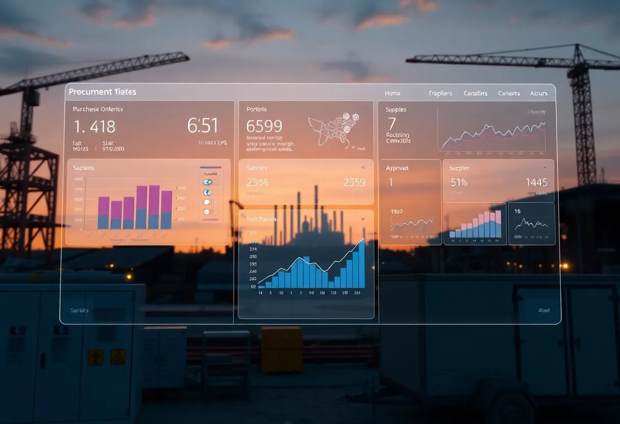 Construction and industrial site with transparent procurement dashboard overlays showing orders, bids and supplier data alongside automation hardware.