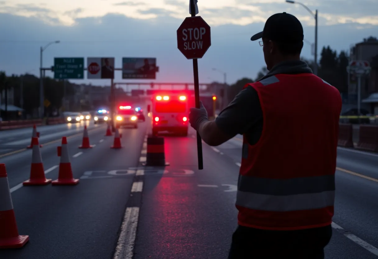 Marked expressway work zone with traffic cones, a flagger silhouette and emergency vehicles in the distance