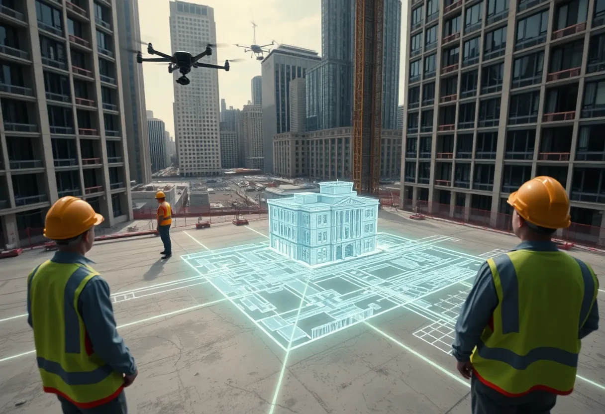 Construction site with drones, laser projection of building plans and 3D digital overlay