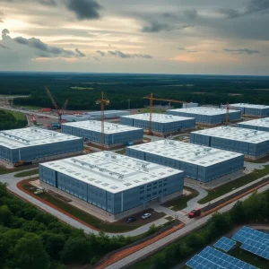 Aerial view of Bauxite data centre campus under construction at the Quantum Frederick site with multiple buildings and construction cranes