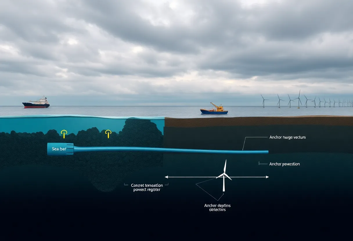 Cross-section of seabed showing submarine cable burial depths and protection measures near offshore wind turbines
