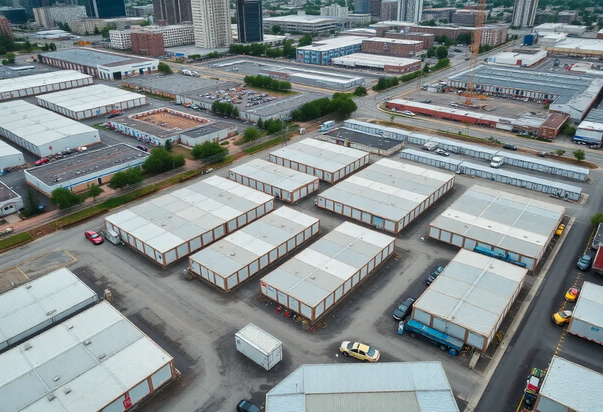 Aerial view of a self-storage facility with several units and construction cranes.