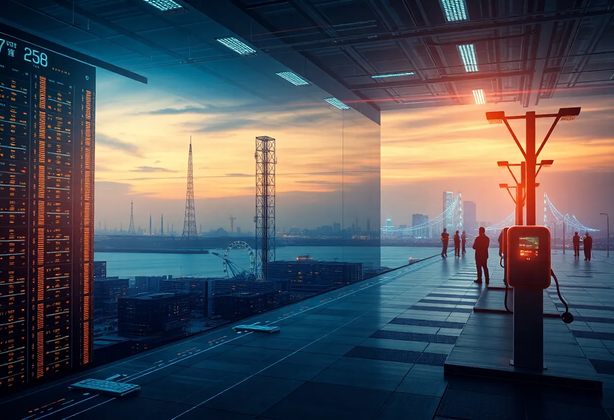 Digital operations dashboard overlay with data center racks, telecom towers and lamppost EV chargers representing asset lifecycle management
