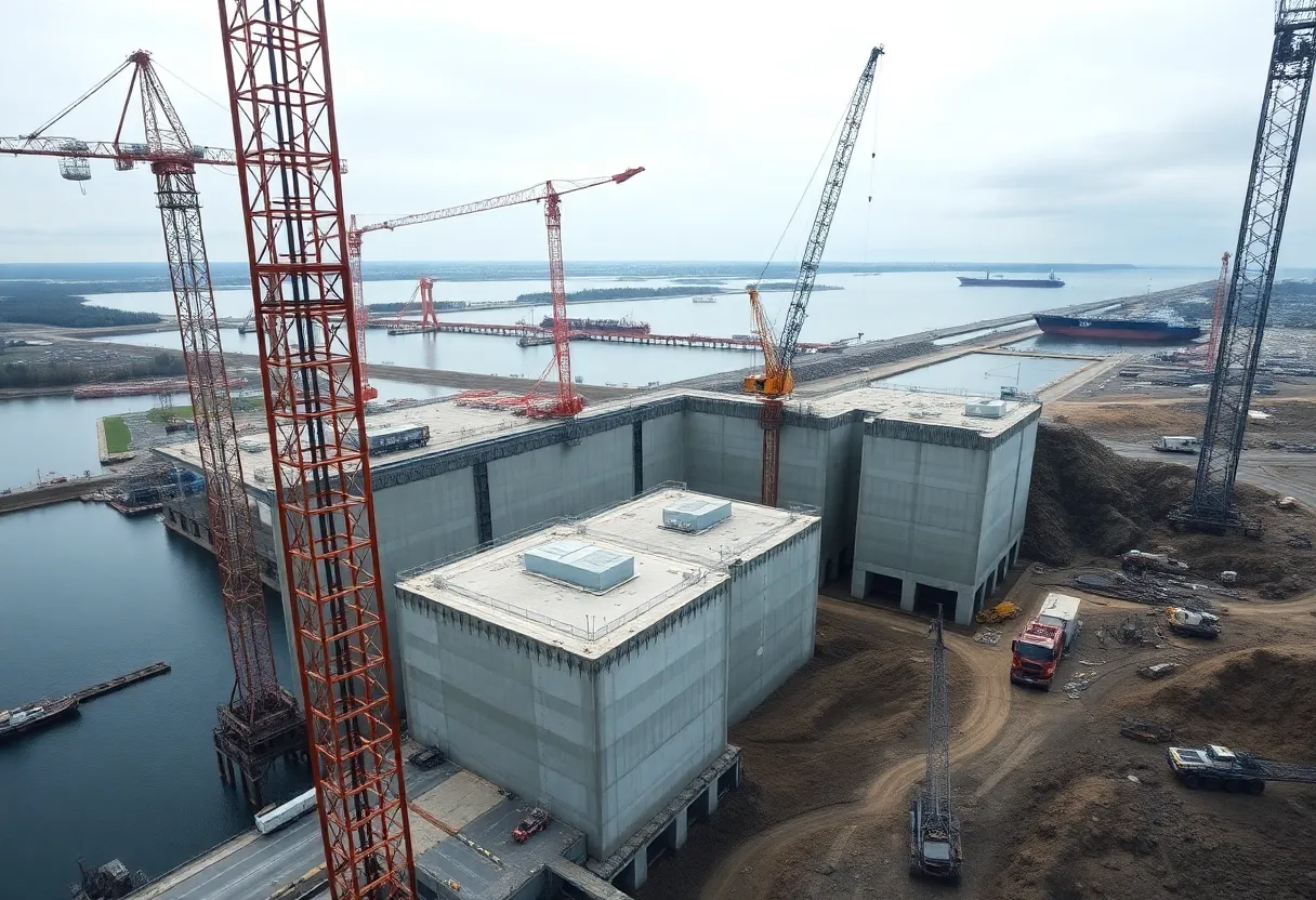 Aerial view of Soo Locks construction site with tower cranes, concrete monoliths and excavation