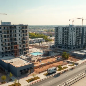 Aerial view of The Raye by Vermella apartment buildings under construction with cranes, pool deck, and adjacent townhomes in New Brunswick, New Jersey.