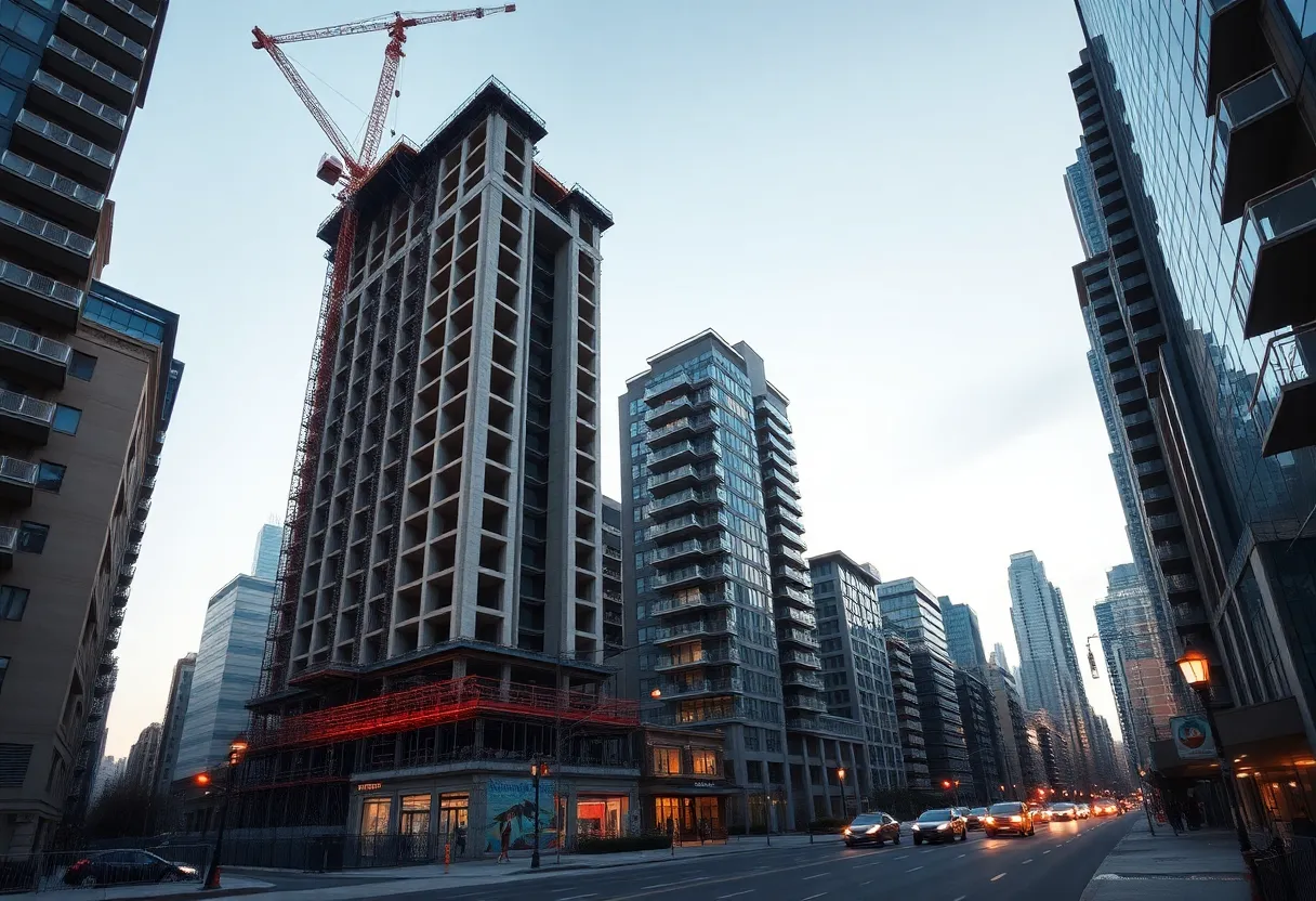 Tribeca skyline with construction crane and modern residential towers at dusk