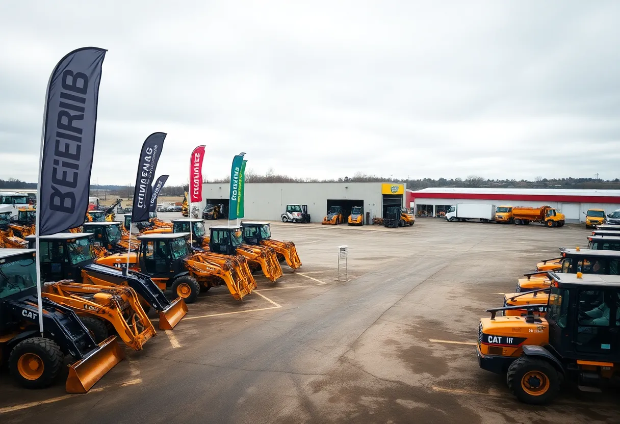 Construction equipment dealer lot with new machines and a reduced row of used units being prepared for rental