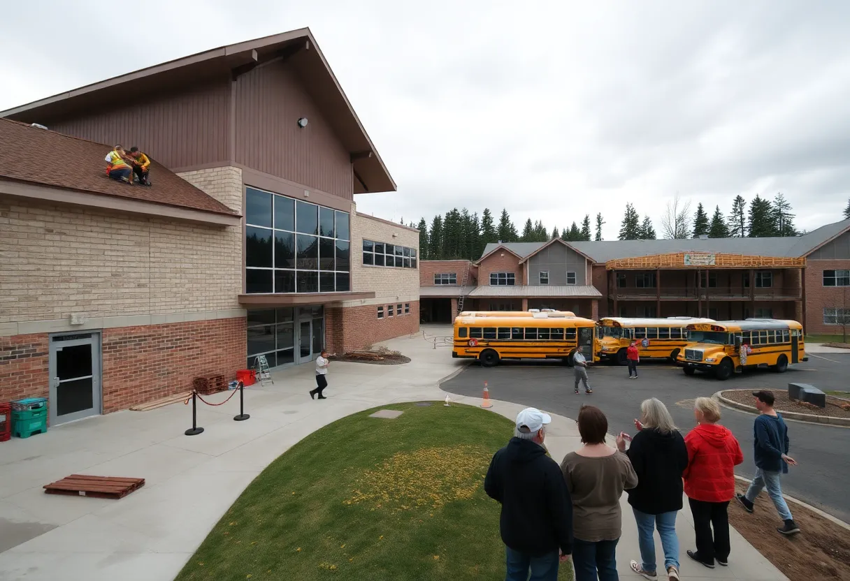 Washington school campus with construction, new classroom addition and bus loop reflecting levy-funded upgrades