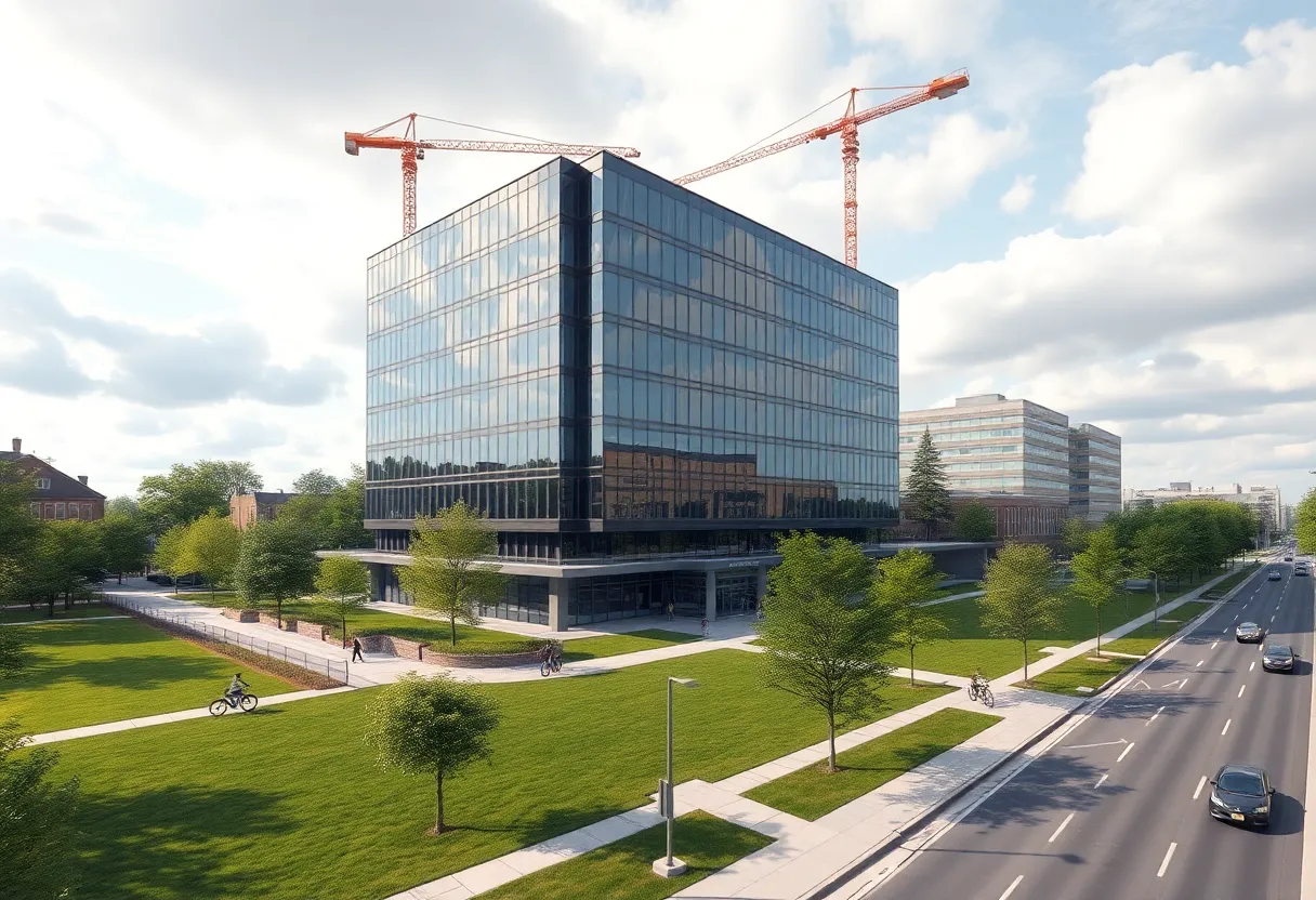 Architectural rendering of a modern 150,000 sq ft office headquarters on a college campus with landscaped grounds and construction elements.