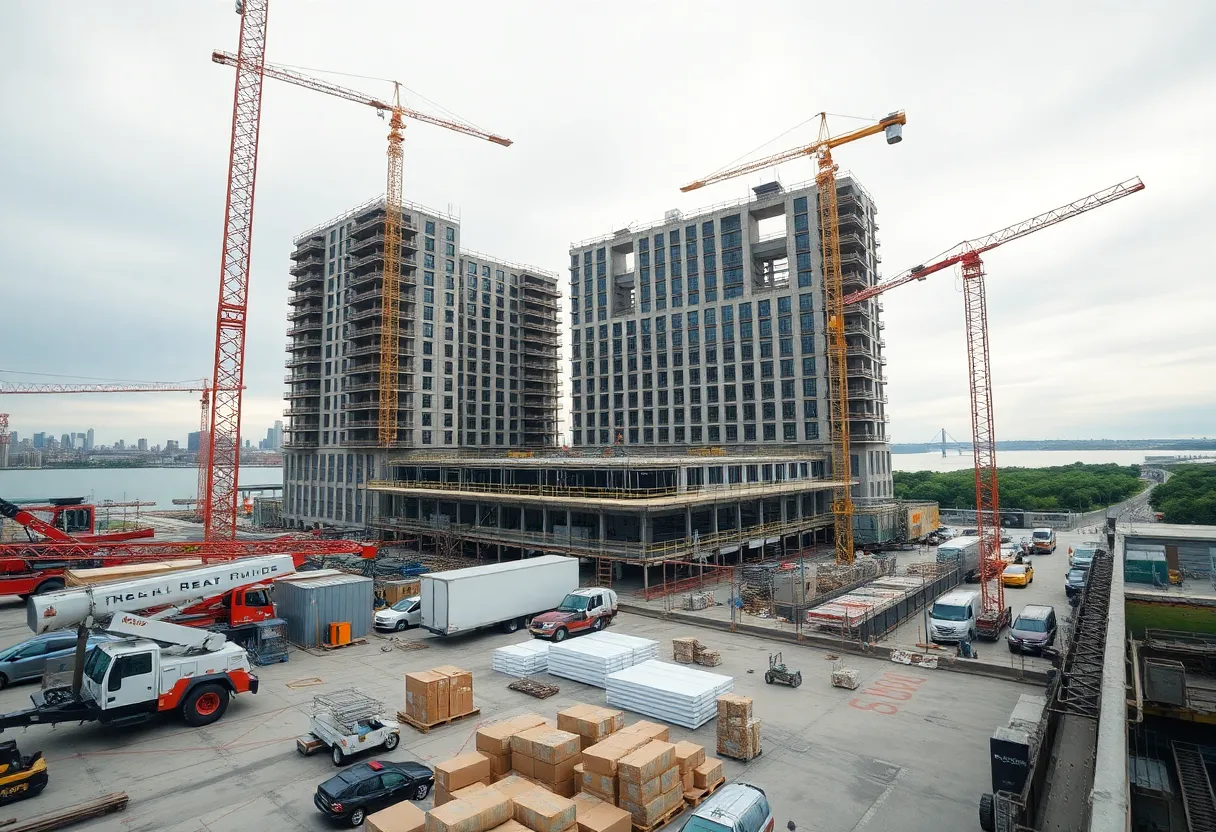 Construction site at 550 West 21st Street in West Chelsea with cranes, concrete work and Hudson River in the background