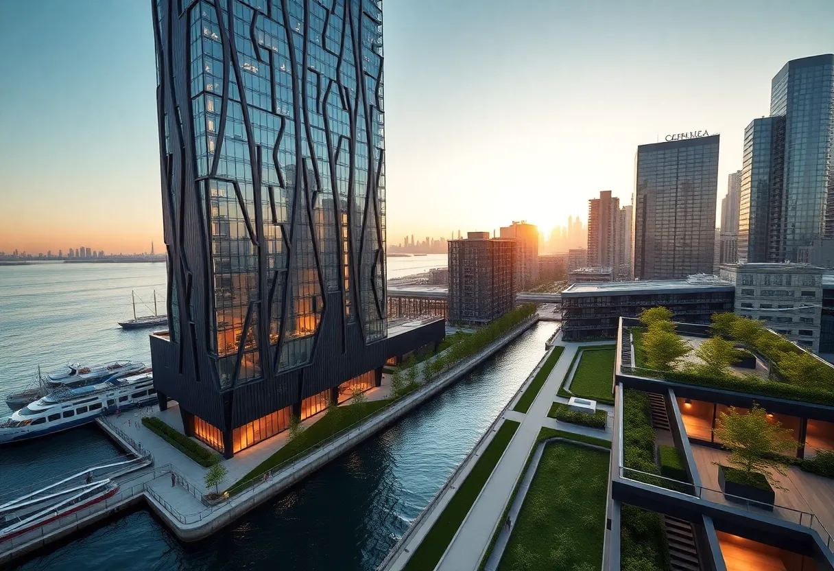 25-story glass waterfront tower at 615 River Road with ferry terminal and waterfront park on the Hudson River