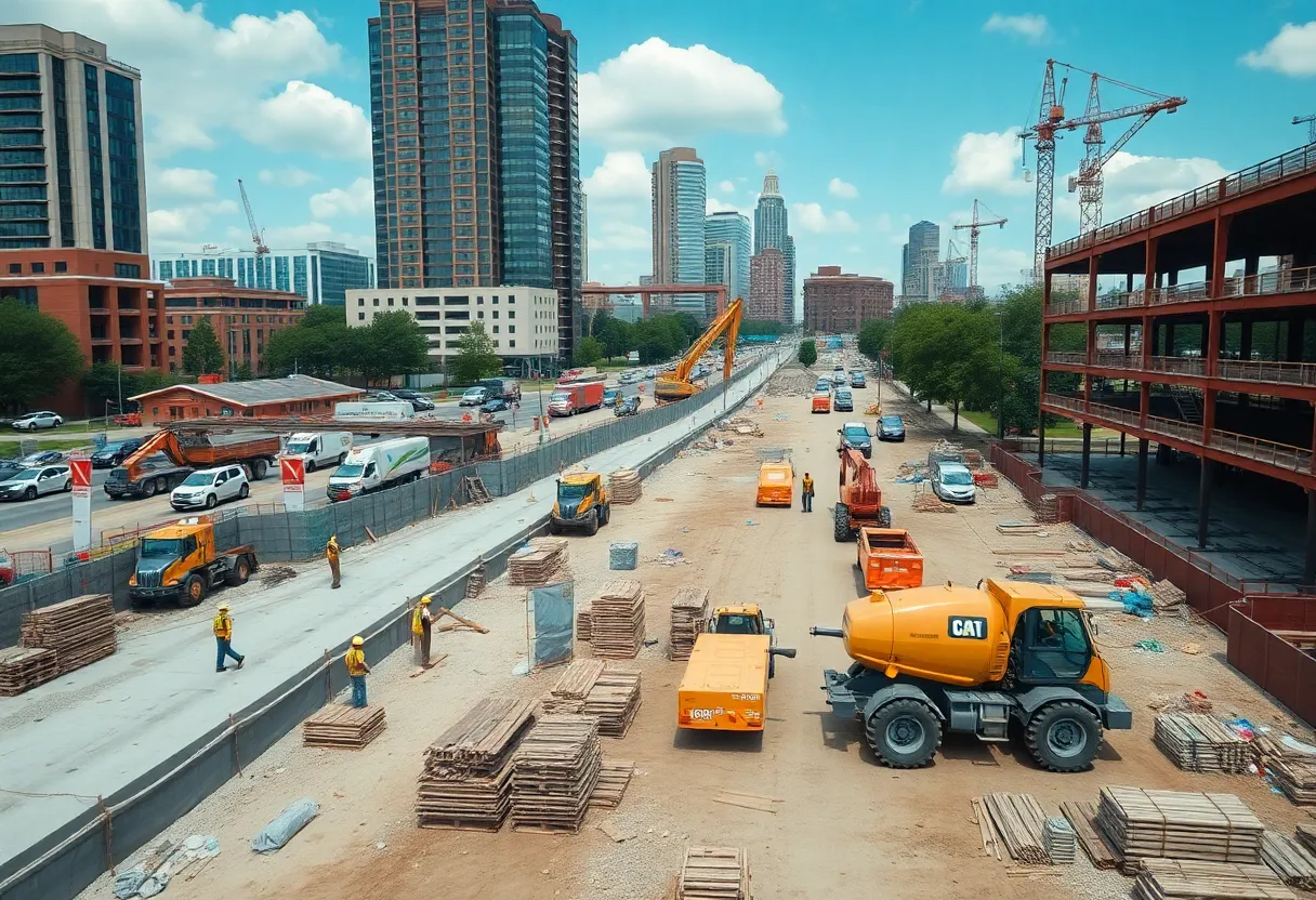 Construction workers and machinery at a construction site in Atlanta