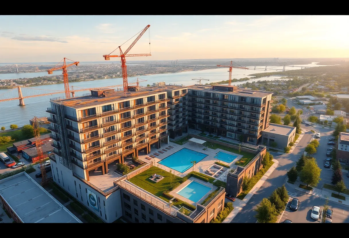 Rendering of mid-rise Cityview Station apartments under construction with river and city skyline in the background