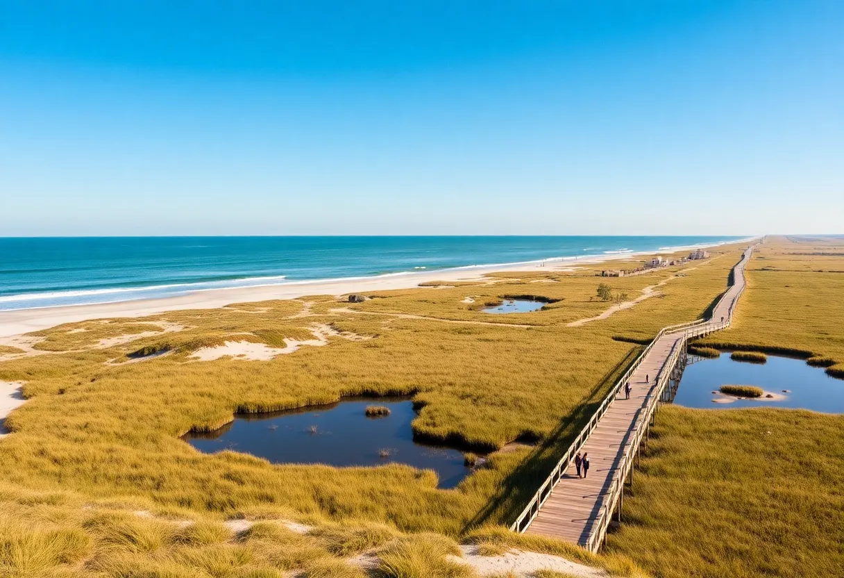 Aerial view of coastal park expansion with boardwalks and eco-resorts