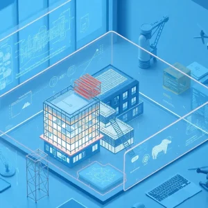 3D BIM model on multiple screens with cloud and AI overlays representing construction design software