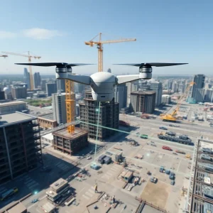 Multiple drones surveying a construction site with 3D mapping and LiDAR overlays integrating with BIM
