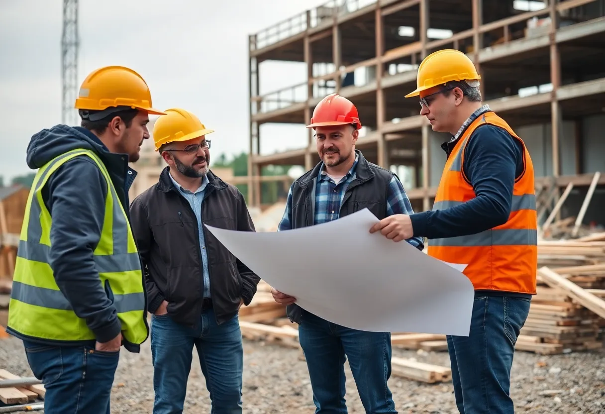 Construction workers discussing plans at a construction site