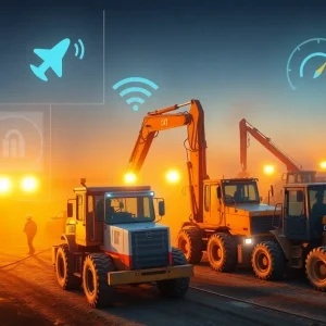 Construction site with heavy machines and telematics data overlays showing location and diagnostics