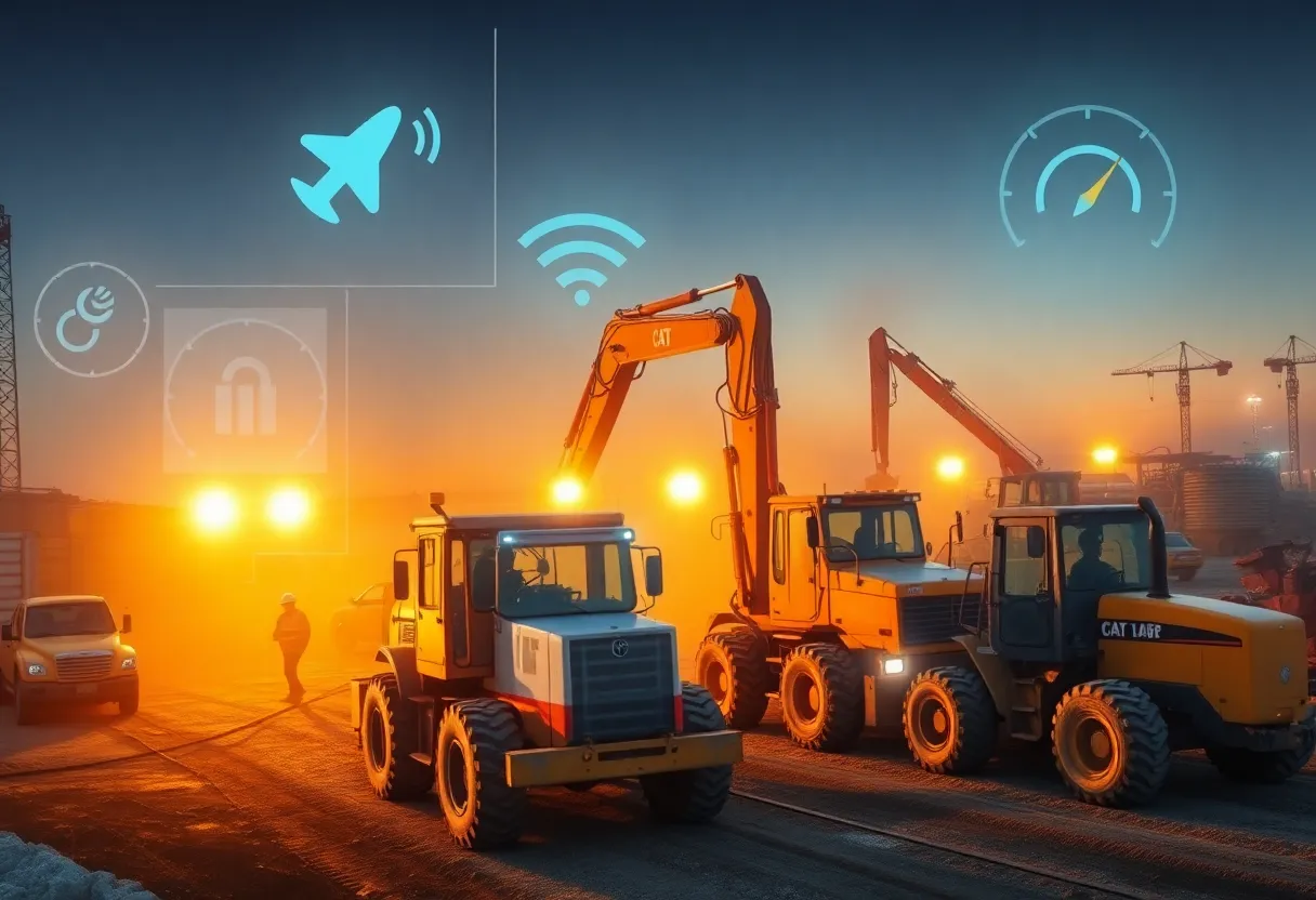 Construction site with heavy machines and telematics data overlays showing location and diagnostics