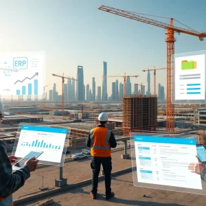 Dubai construction site with workers using tablets and ERP dashboard overlays