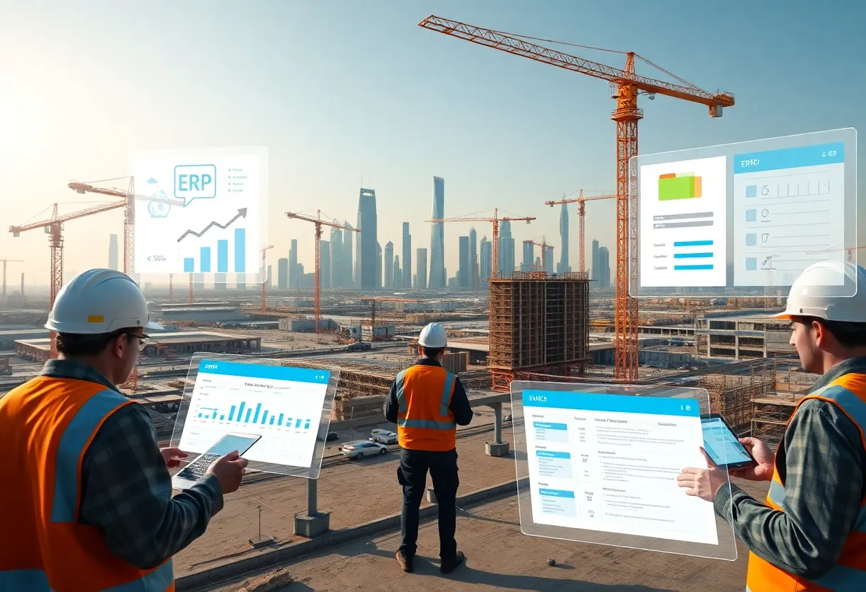 Dubai construction site with workers using tablets and ERP dashboard overlays