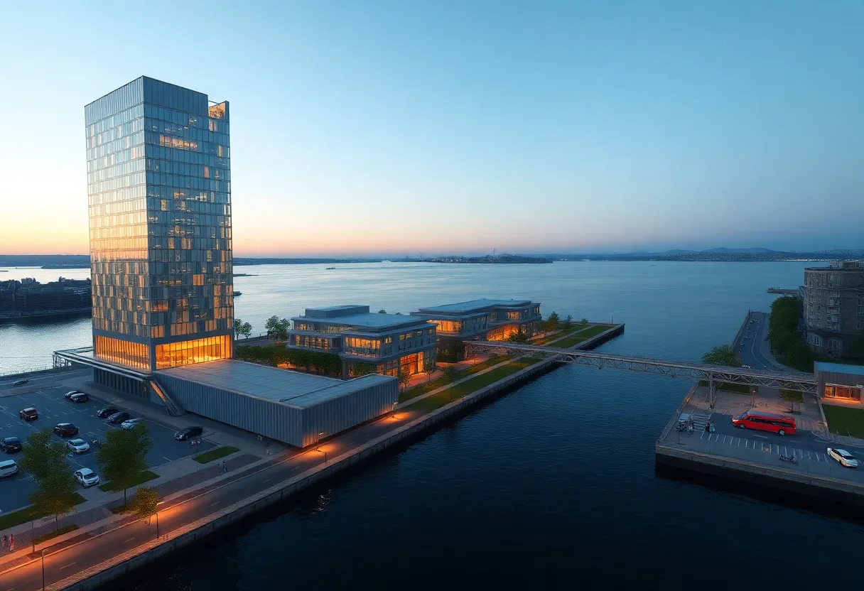 Architectural rendering of the proposed 25-story mixed-use tower and on-site ferry terminal at 615 River Road, Edgewater, NJ