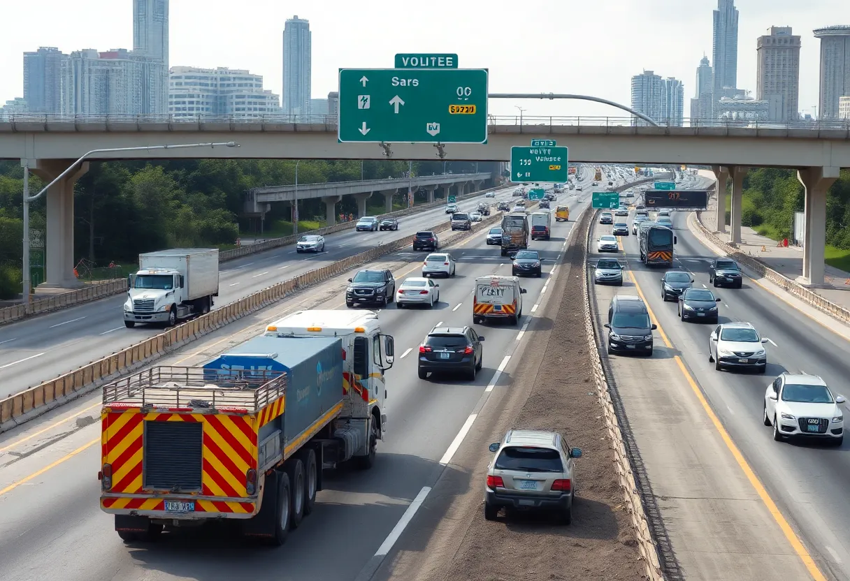 Construction scene of the I-85 expansion in Atlanta, showcasing workers and machinery.