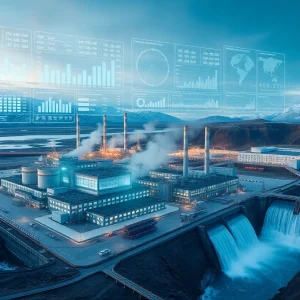 Aluminum smelter near geothermal and hydroelectric plants with digital energy management overlays