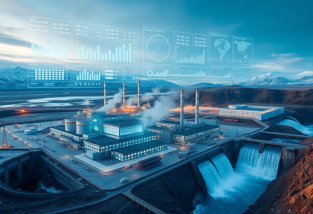 Aluminum smelter near geothermal and hydroelectric plants with digital energy management overlays