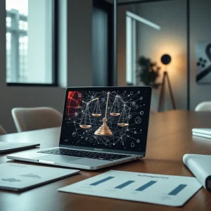 Modern office scene with laptop showing AI visuals and legal icons representing an AI legal assistant and startup expansion