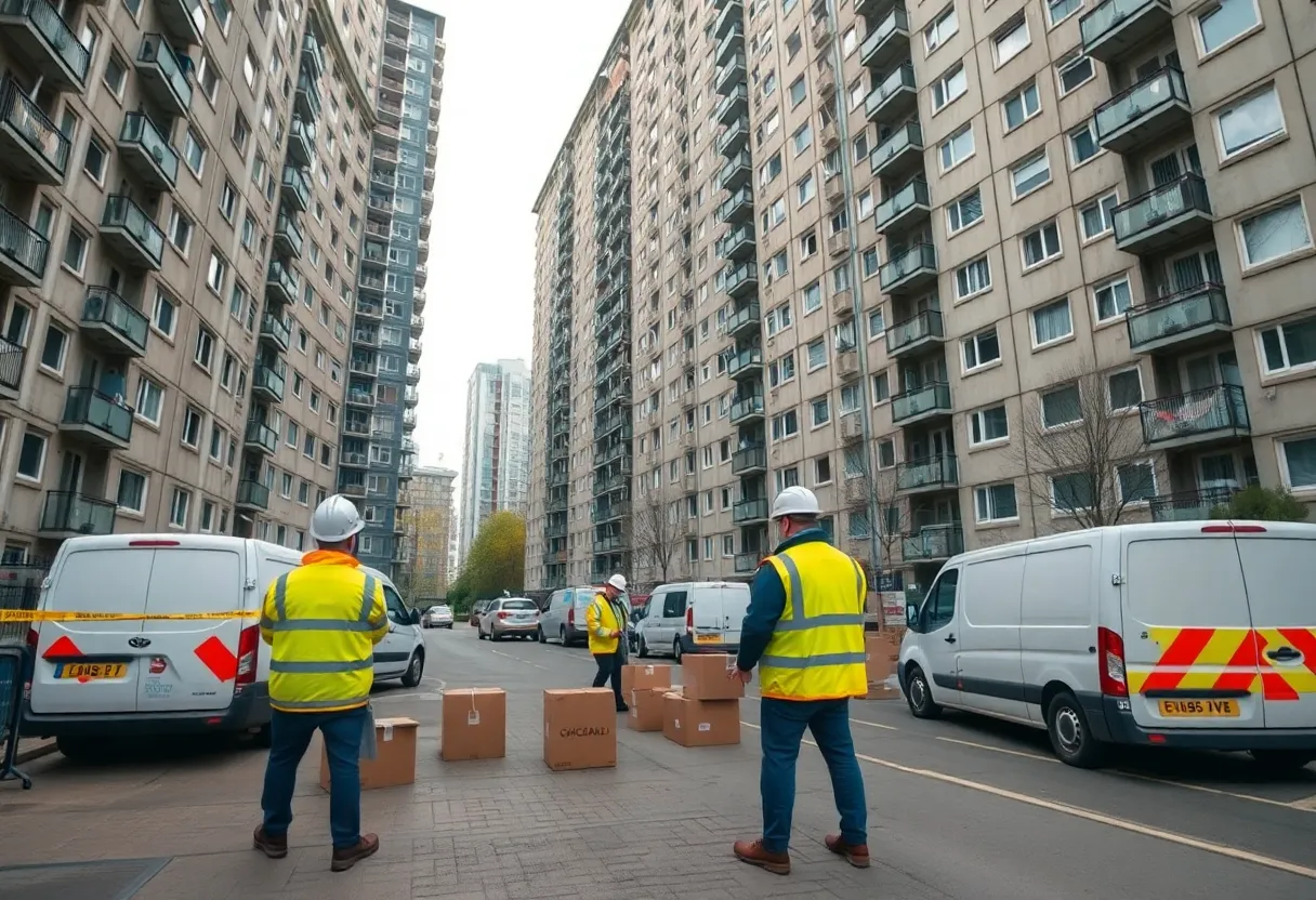 Inspectors and contractors in high‑visibility jackets outside a high‑rise with prefabricated concrete panels, evacuation boxes and caution tape