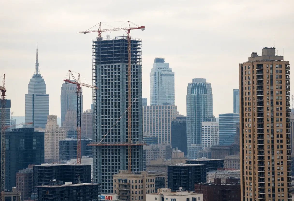 New York City skyline with stalled construction cranes, scaffolding and conversion projects