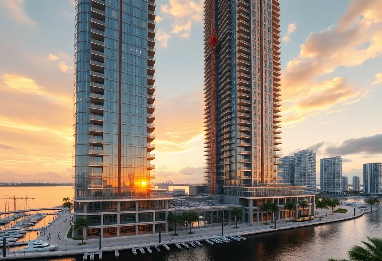 Two modern glass residential towers rising above a shared podium on the Miami River with construction cranes and marina in foreground