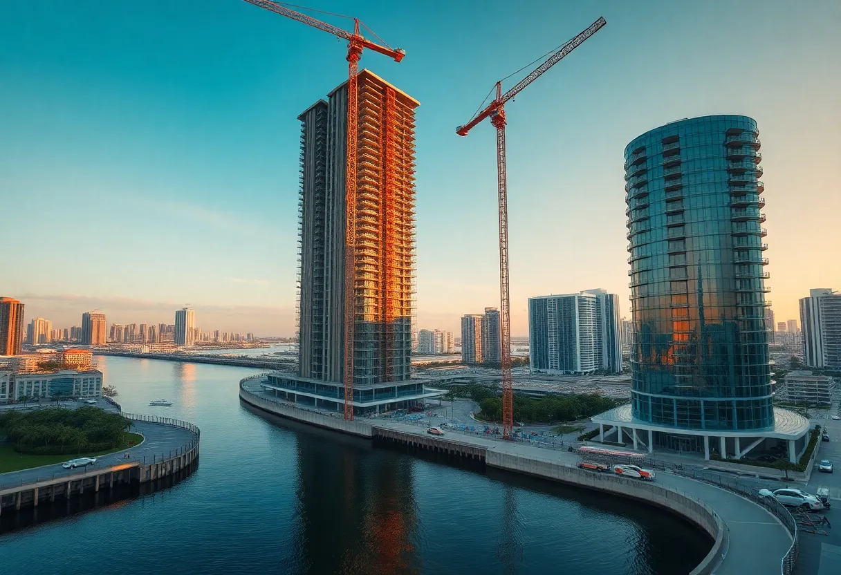 Two One Brickell Riverfront condominium towers under construction along the Miami River with cranes and waterfront reflections