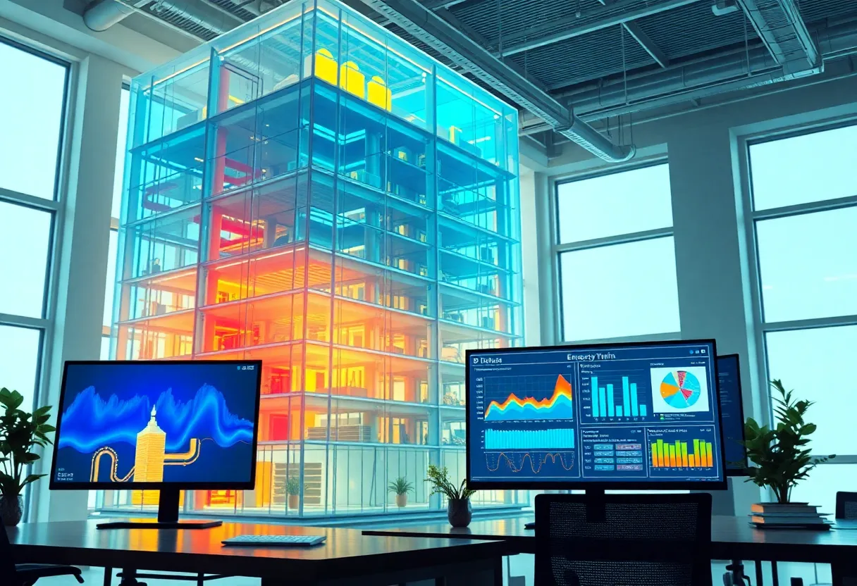3D digital twin of a building with wireframe, thermal overlays and simulation dashboards