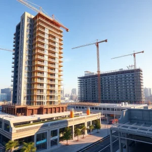 Two apartment buildings under construction at Piazza Alta with cranes and rooftop pool structure
