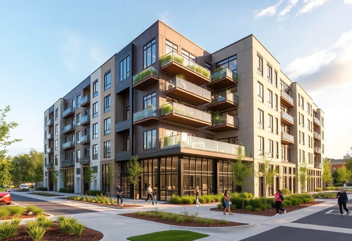 New apartment complex construction in Raleigh with green spaces.