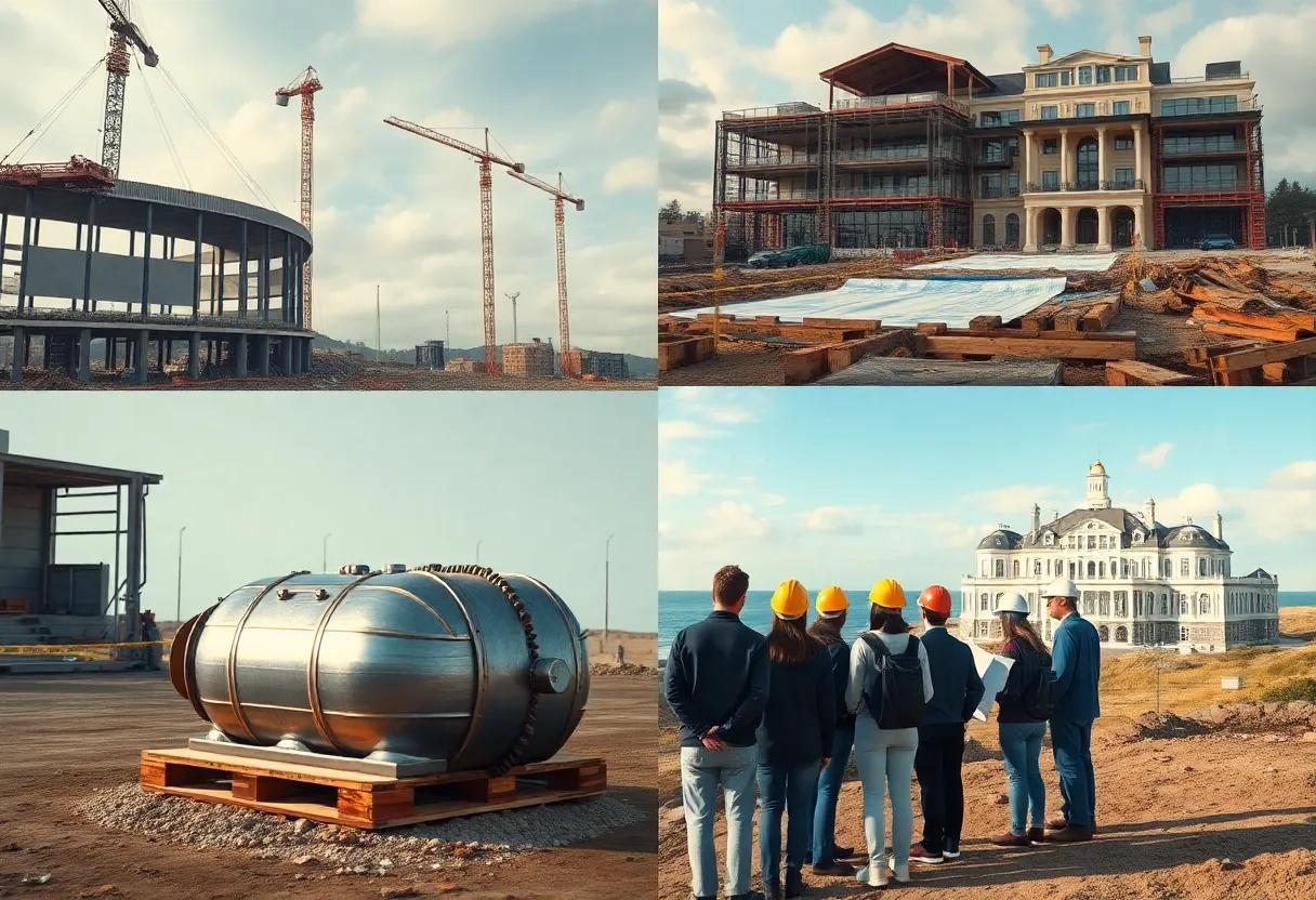 Montage of Rhode Island construction scenes including stadium demolition, a recovered time capsule, students in hard hats with blueprints, and a Newport cliffside mansion.
