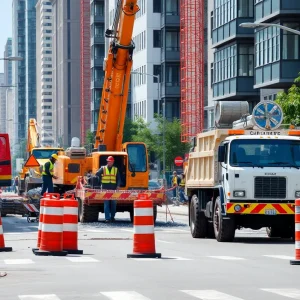 Construction workers and machinery at South Main Street in Atlanta