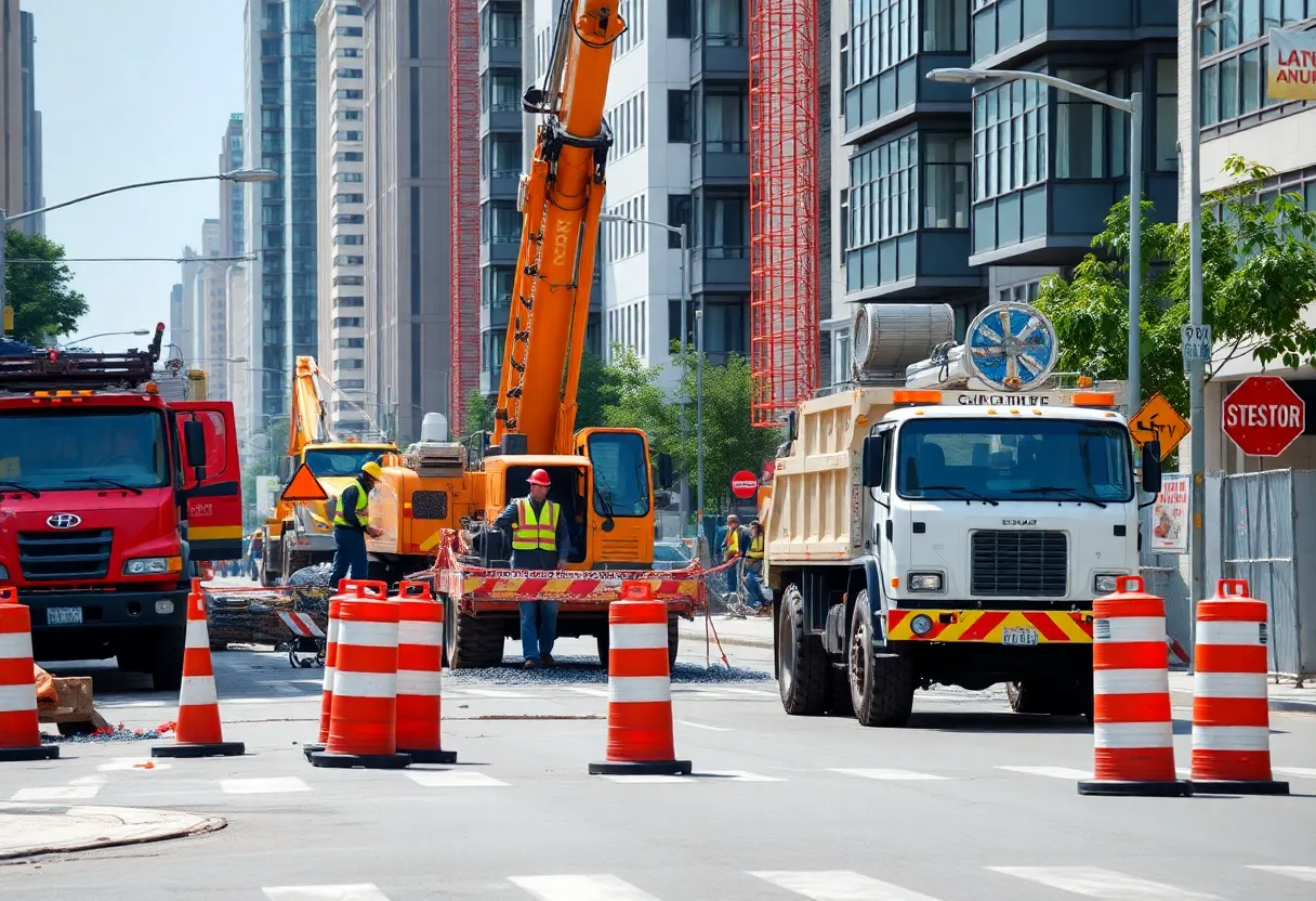 Construction workers and machinery at South Main Street in Atlanta